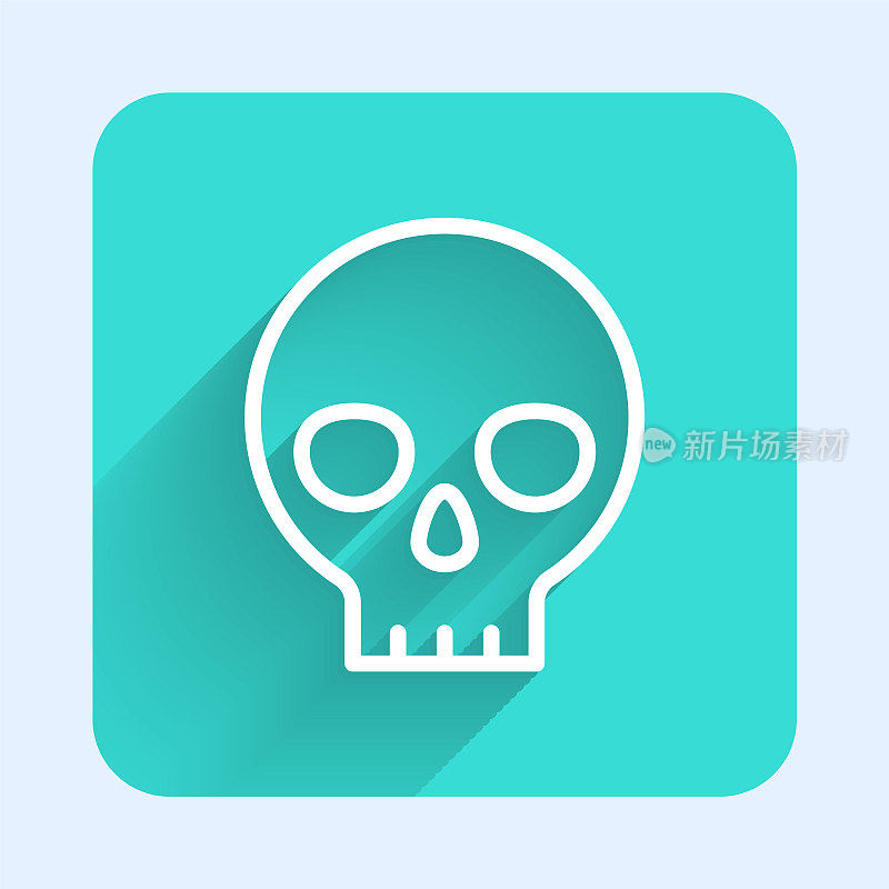 White line Human skull icon isolated with long shadow. Green square button. Vector